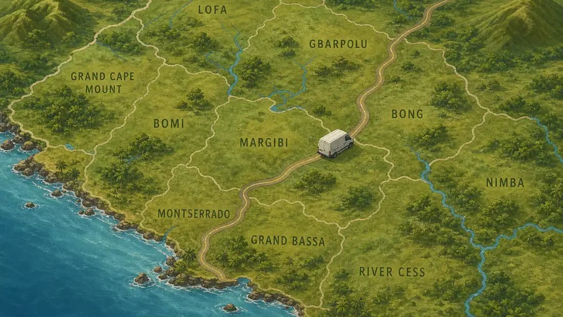 County roads and a small delivery van across Liberia